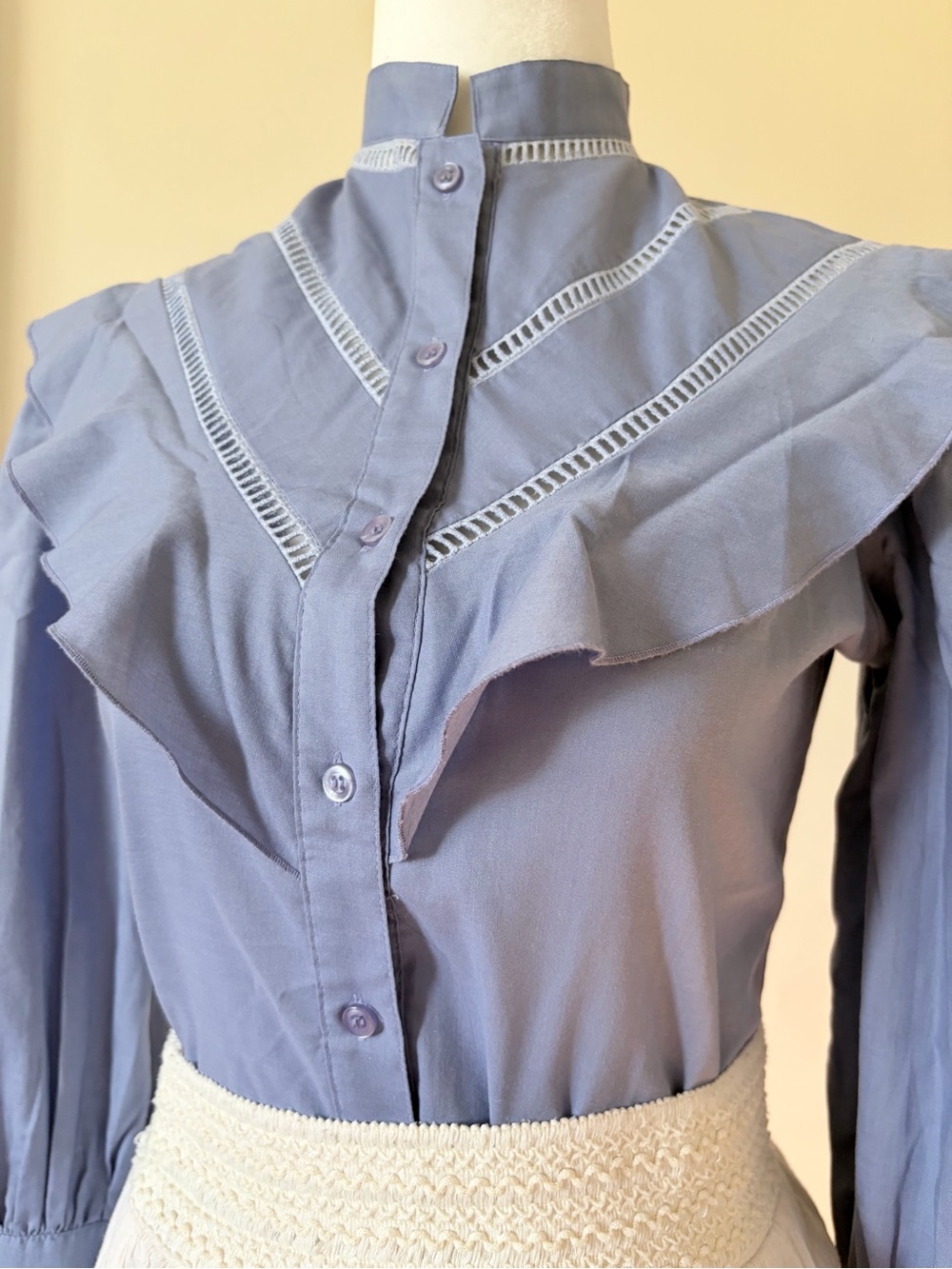 Vintage Blue Ruffle Yoke Button-Front Blouse - Picture 2 of 4